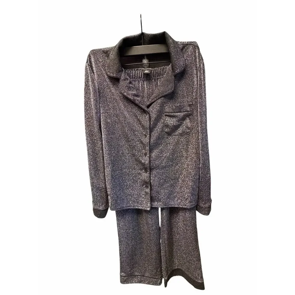 Bebe Black Shimmer Pajama Set Button Front Top Wide Leg Pants Small